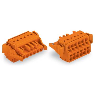 Two orange-coloured connectors with multiple terminals. The left one shows the rear side with five holes, the right one the front side with ten holes.