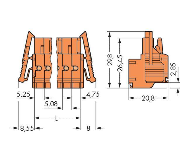 Technical drawing of an electrical connector with dimensions in millimetres. Shows front and side views.