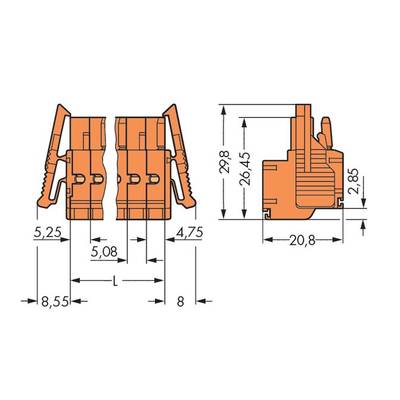Technical drawing of an electrical connector with dimensions in millimetres. Shows front and side views.
