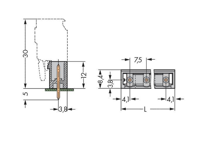 Drawing of a connector with dimensions in millimetres: 30 height, 5 length, 3.8 width, 7.5 between contacts.