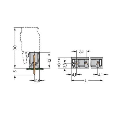Drawing of a connector with dimensions in millimetres: 30 height, 5 length, 3.8 width, 7.5 between contacts.