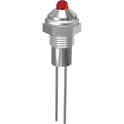 A metallic push switch with a red cap and two connections on the underside. Suitable for electronic applications.