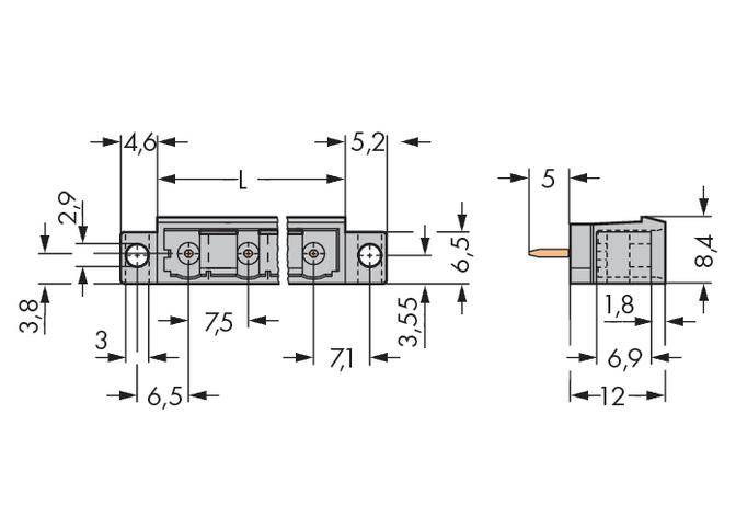 Technical drawing of a component with length and height specifications. Shows detailed dimensions and top and side perspectives.