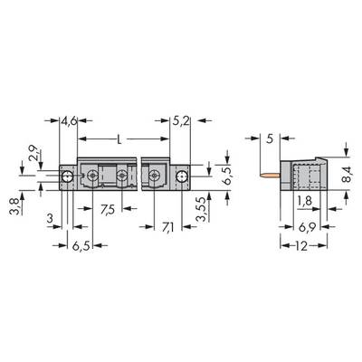 Technical drawing of a component with length and height specifications. Shows detailed dimensions and top and side perspectives.