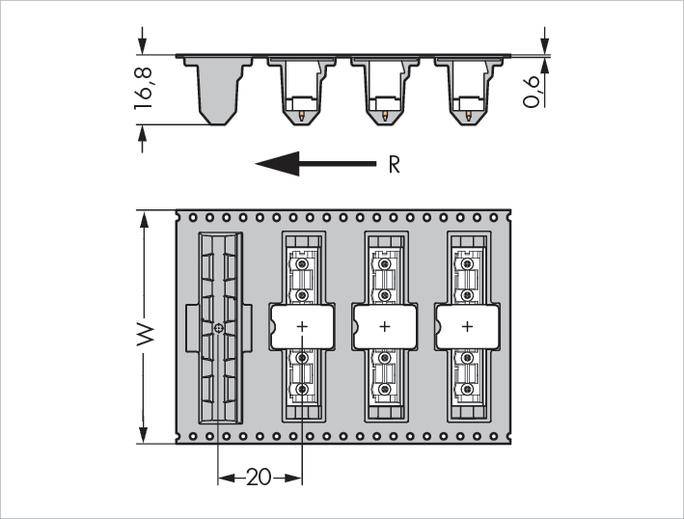 Technical Drawing of a Connector with Dimensions: Height 16.8 mm, Width W, Direction Arrow Pointing to the Right, Evenly Distributed Connections.