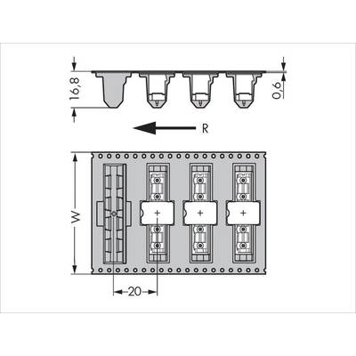 Technical Drawing of a Connector with Dimensions: Height 16.8 mm, Width W, Direction Arrow Pointing to the Right, Evenly Distributed Connections.
