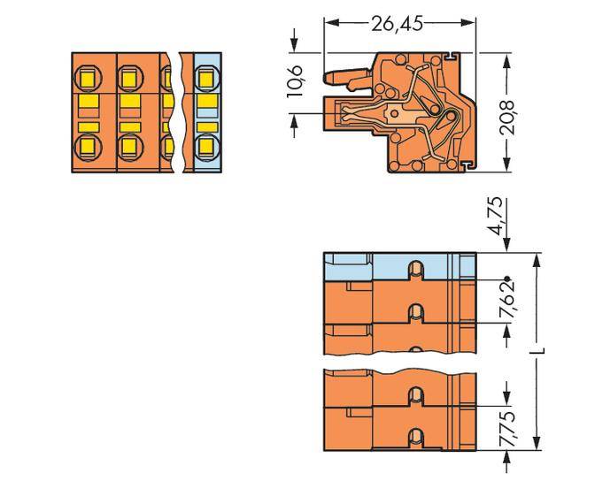 Technical drawing of an electrical terminal block, showing side, top, and front views with dimensions in millimetres.