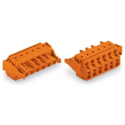Two orange connector plugs, positioned side by side, show different side views with a multi-pole design.