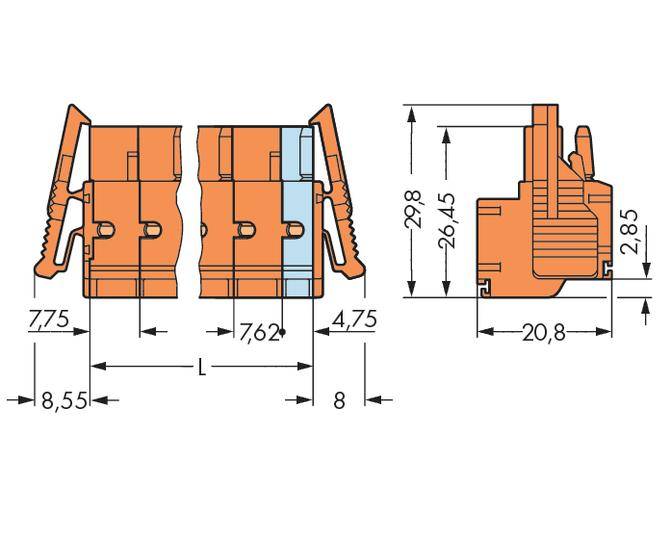 Technical drawing of a connector with dimensions and side view. Shows precise measurements in millimetres and form details.