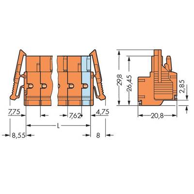 Technical drawing of a connector with dimensions and side view. Shows precise measurements in millimetres and form details.