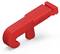 Red plastic insulated clip for rails, designed to secure electrical wires, shaped in the form of a hook.