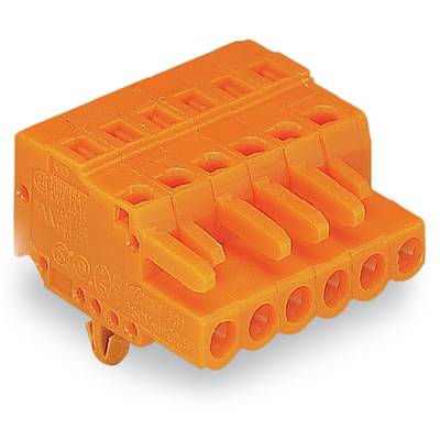 An orange electrical connector with six terminals for wire connections, used in electrical circuits.