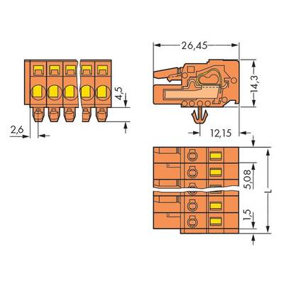 The circuit diagram shows the dimensions of a connector: length 26.45 mm, width 12.15 mm, height 14.3 mm, with marked connection points.