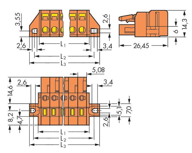 Technical drawing of a connector with dimensions in millimetres. Shows front and side view with detailed measurements.