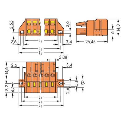 Technical drawing of a connector with dimensions in millimetres. Shows front and side view with detailed measurements.