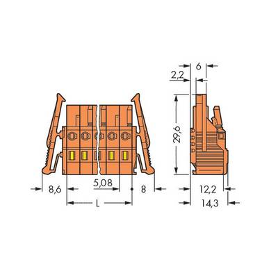 Technical drawing of a two-pole connector in Orange with dimensions of 8.6 x 5.08 x 14.3 mm.