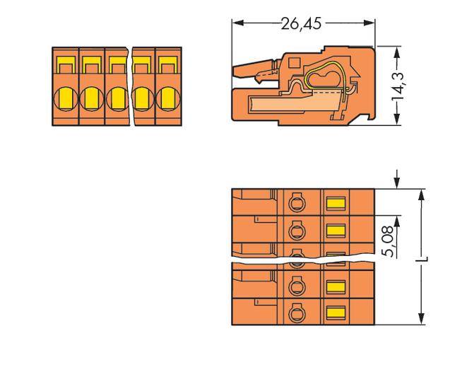 Electrical connector in orange with four terminal blocks, top and side view, with dimensions 26.45 mm and 14.3 mm.