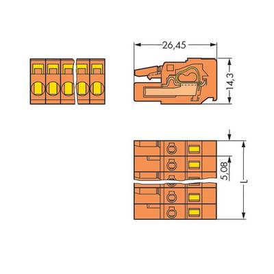 Electrical connector in orange with four terminal blocks, top and side view, with dimensions 26.45 mm and 14.3 mm.