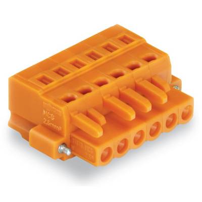 Orange connector with six terminal blocks, side view.