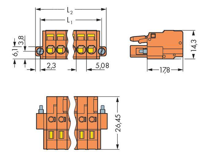 Technical drawing of electrical connectors with dimensions: height, width, and spacing measurements are indicated.