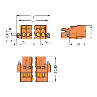 Technical drawing of electrical connectors with dimensions: height, width, and spacing measurements are indicated.