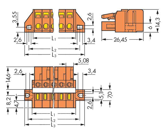 Technical drawing of an orange connector with dimensions. Shows front, side, and top views, with detailed measurements.