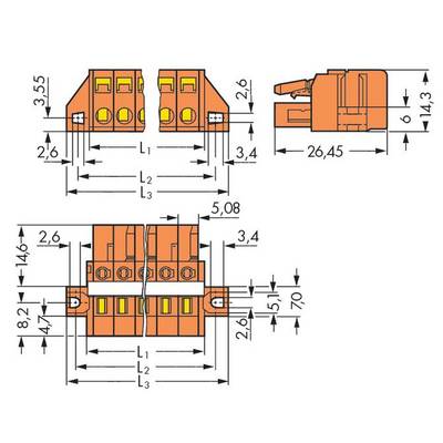 Technical drawing of an orange connector with dimensions. Shows front, side, and top views, with detailed measurements.