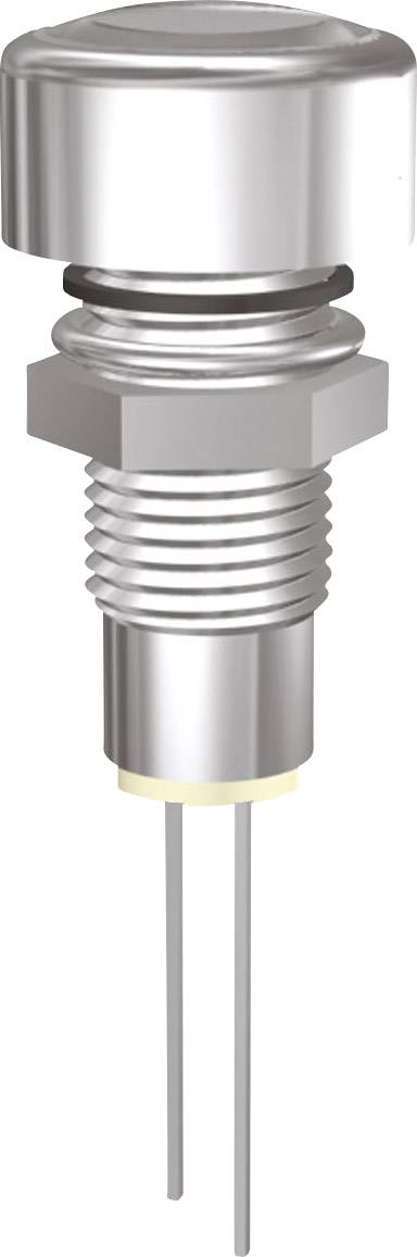 A silver metal push button with two connecting wires, commonly used in electronic circuits to control current flows.