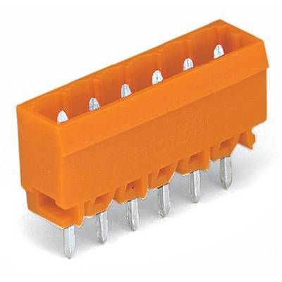 Orange, rectangular connector with eight metal pins, typically used for electronic connections or circuit boards.