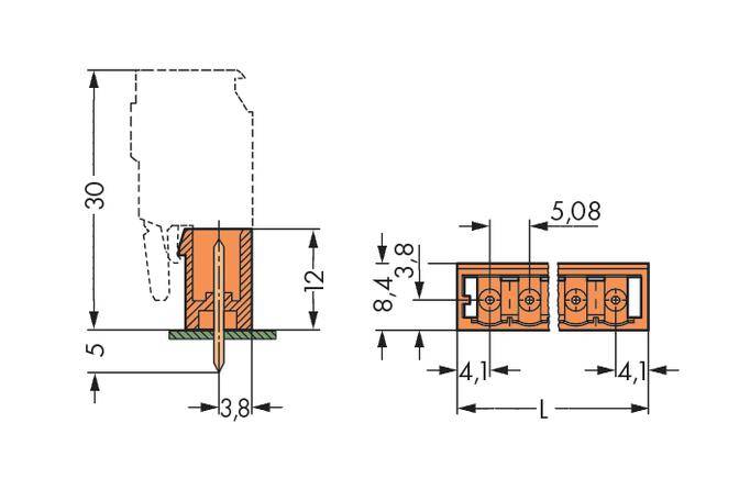 Drawing of a connector with dimensions: Height 30 mm, Width 12 mm, Hole spacing 5.08 mm, Pin spacing 3.8 mm.