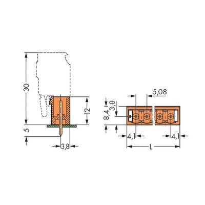 Drawing of a connector with dimensions: Height 30 mm, Width 12 mm, Hole spacing 5.08 mm, Pin spacing 3.8 mm.