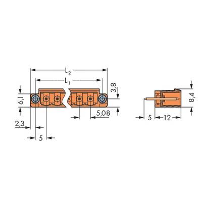 Technical drawing of an orange connector with dimensions: Length 38 mm, Width 8.4 mm; Detailed view of the connections.