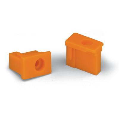 Two orange plastic parts with a rectangular shape and a hole in the centre, on a white surface.