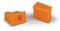 Two orange plastic parts with a rectangular shape and a hole in the centre, on a white surface.