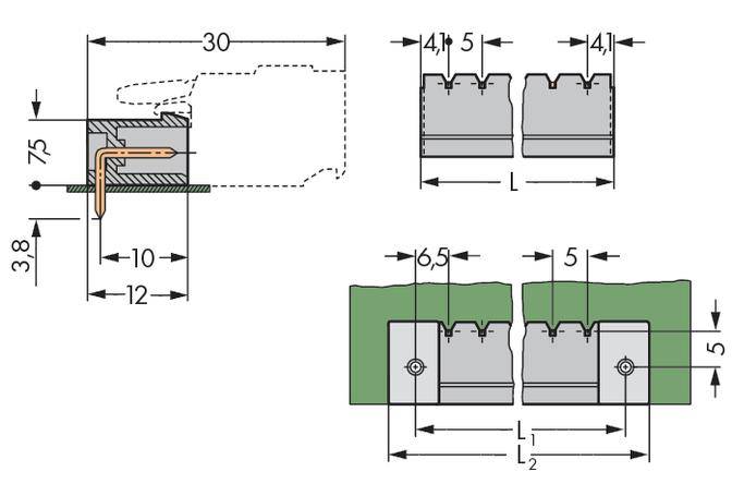 Technical drawing of a connection detail with dimensions in millimetres. Shows plan view and cross-section of a fastening.