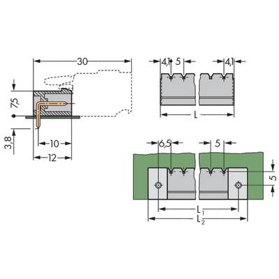 Technical drawing of a connection detail with dimensions in millimetres. Shows plan view and cross-section of a fastening.