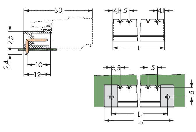 Technical drawing of a cross-section of a metal profile with dimensional specifications: length 30 mm, various section heights and widths.