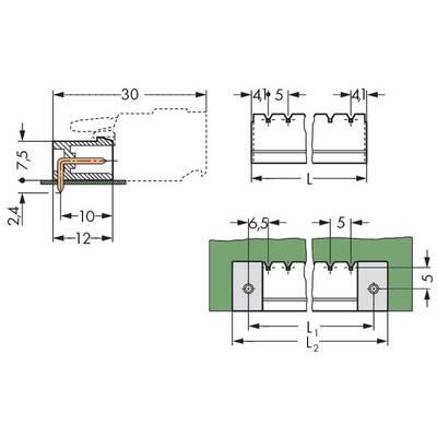 Technical drawing of a cross-section of a metal profile with dimensional specifications: length 30 mm, various section heights and widths.
