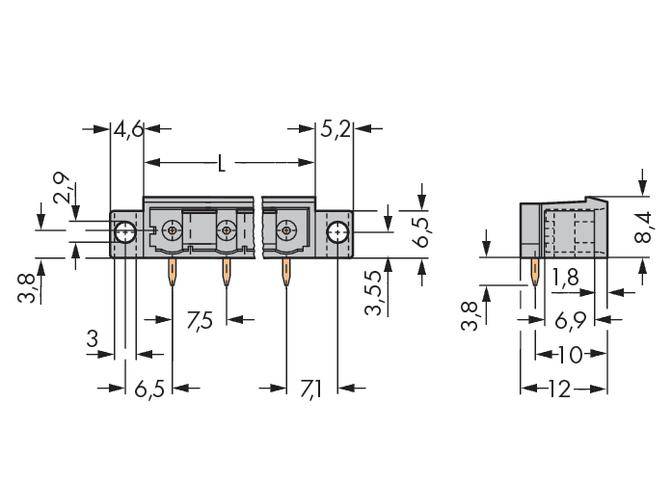 Technical drawing of a component with dimensions: length 46 mm, width 29 mm, height 8.4 mm. Screw connections and plug contacts visible.