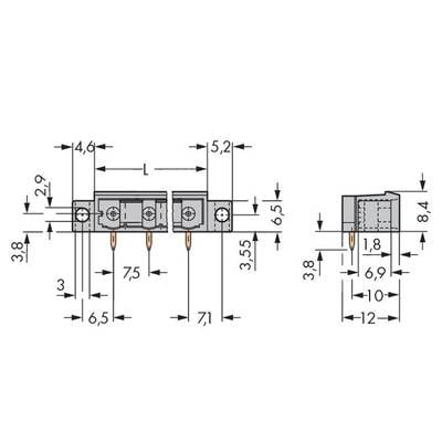 Technical drawing of a component with dimensions: length 46 mm, width 29 mm, height 8.4 mm. Screw connections and plug contacts visible.
