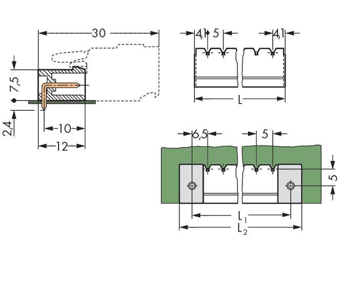 Technical drawing of a profile system with dimensions. Side and front views show precise measurements and structural details.