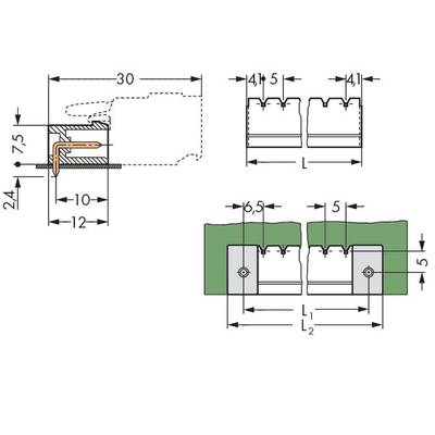 Technical drawing of a profile system with dimensions. Side and front views show precise measurements and structural details.