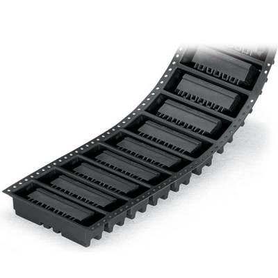 Several rectangular components arranged in a curved row on a black carrier band, depicting transport or storage.