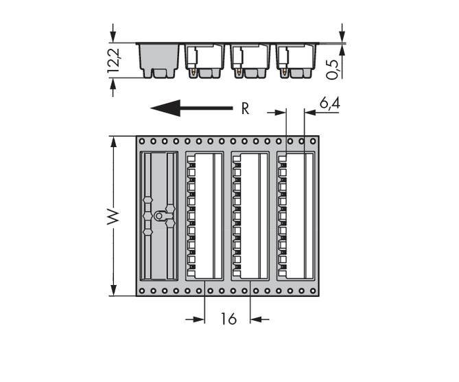 Technical drawing of an electrical component with dimensions. Contains measurements in millimetres: width 122, height 6.4, depth 0.5.