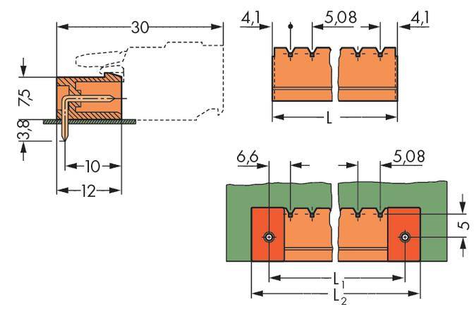 Technical drawing of an electrical connector with detailed dimensional specifications, including heights, widths, and component spacings.