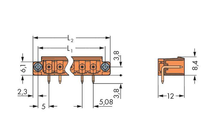 Technical drawing of an orange connector with dimensions in millimetres. Shows detailed view and side view.