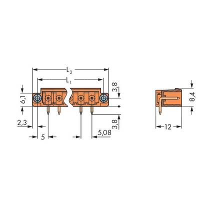 Technical drawing of an orange connector with dimensions in millimetres. Shows detailed view and side view.
