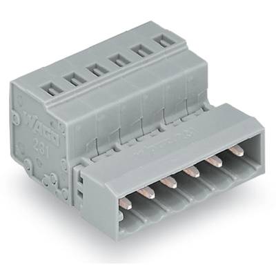 Grey electrical connector block with six terminal connections.