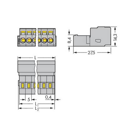 Diagram of an electrical connector. Shows front, side, and top views with dimensions: 8.4 mm, 14.3 mm, 27.5 mm.