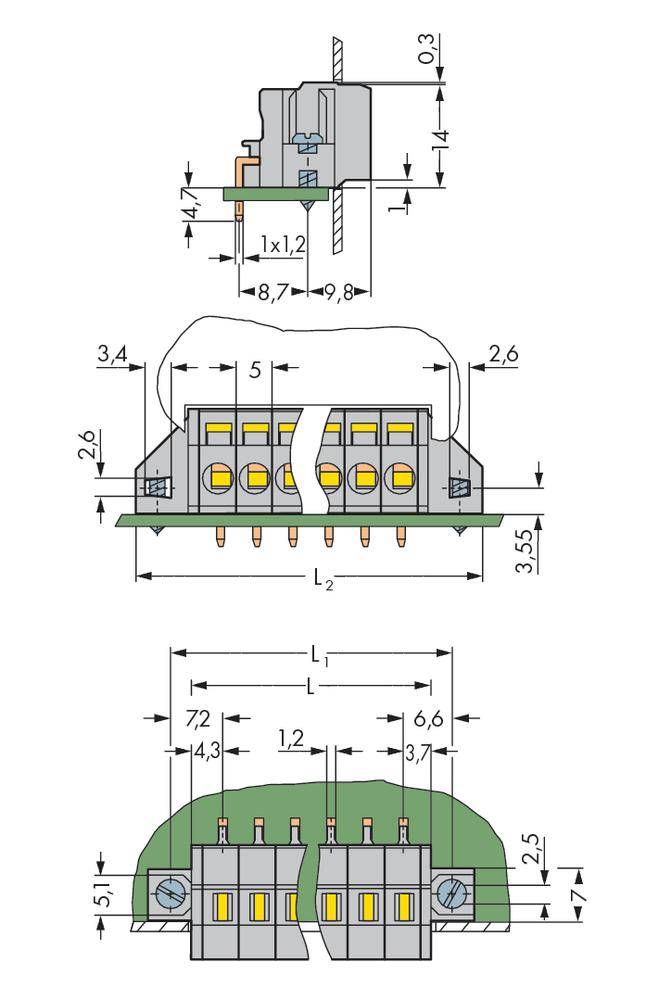 Technical drawing of a connector with dimensions in millimetres. Shows side, top, and front views with detailed measurement annotations.